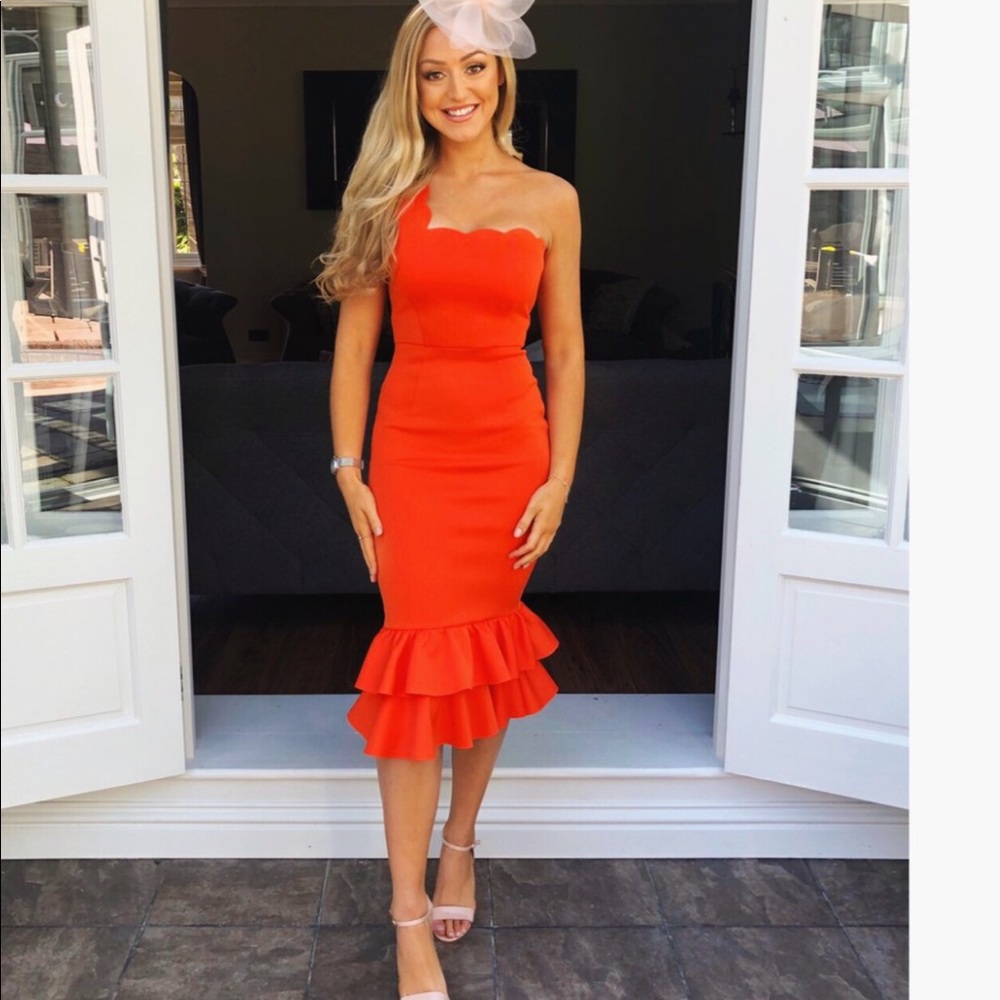 Asos one shoulder scallop pephem midi dress